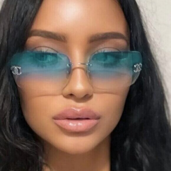 RARE Chanel Vintage Sunglasses Rhinestone Crystal CC Logo Rimless Gradient Blue - Picture 2 of 11